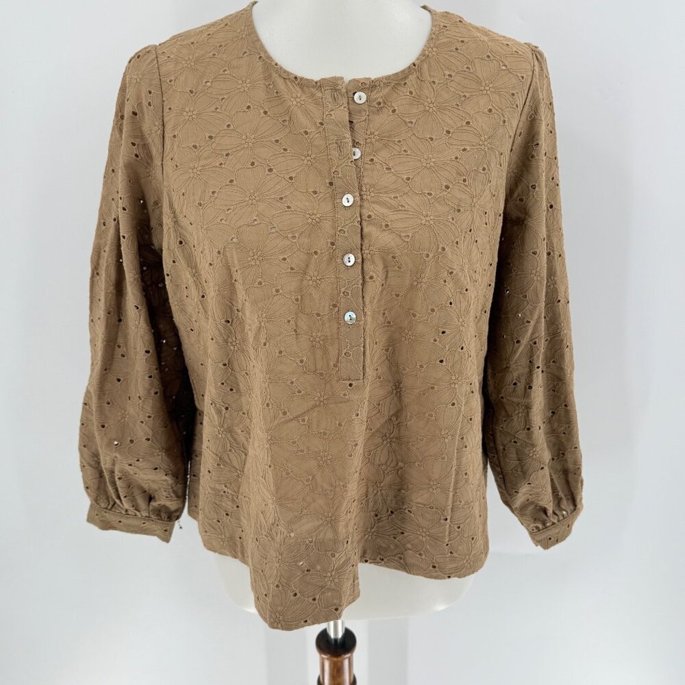 Serra By Joie Rucker Womens Dune Brown Embroidered Button-Up Blouse 3/4 Sleeves, - Picture 1 of 4